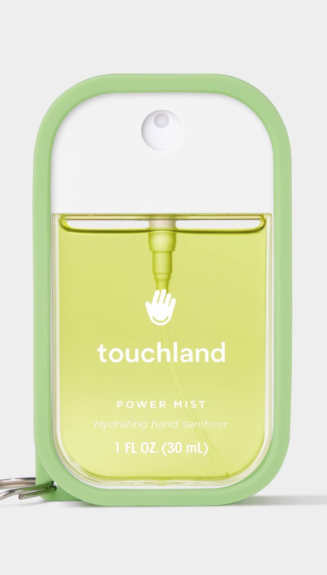 Touchland power mist keychain spray bottle with green accents and clear plastic body.