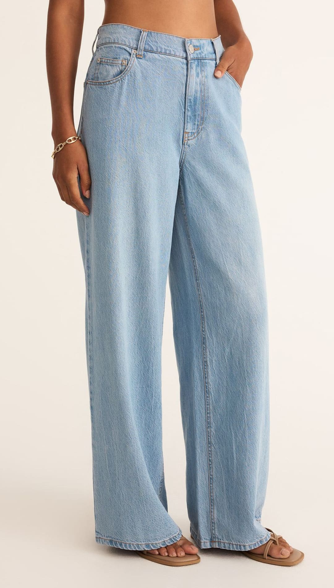 Light blue wide-leg jeans.