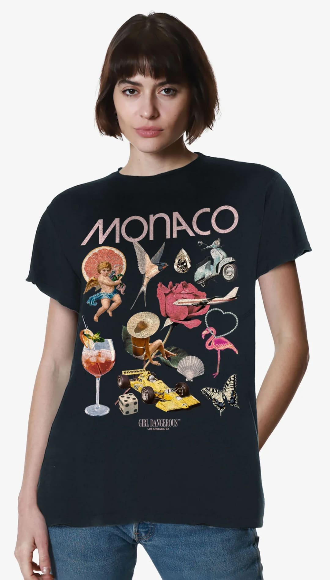 Black t-shirt with Monaco-themed graphics.
