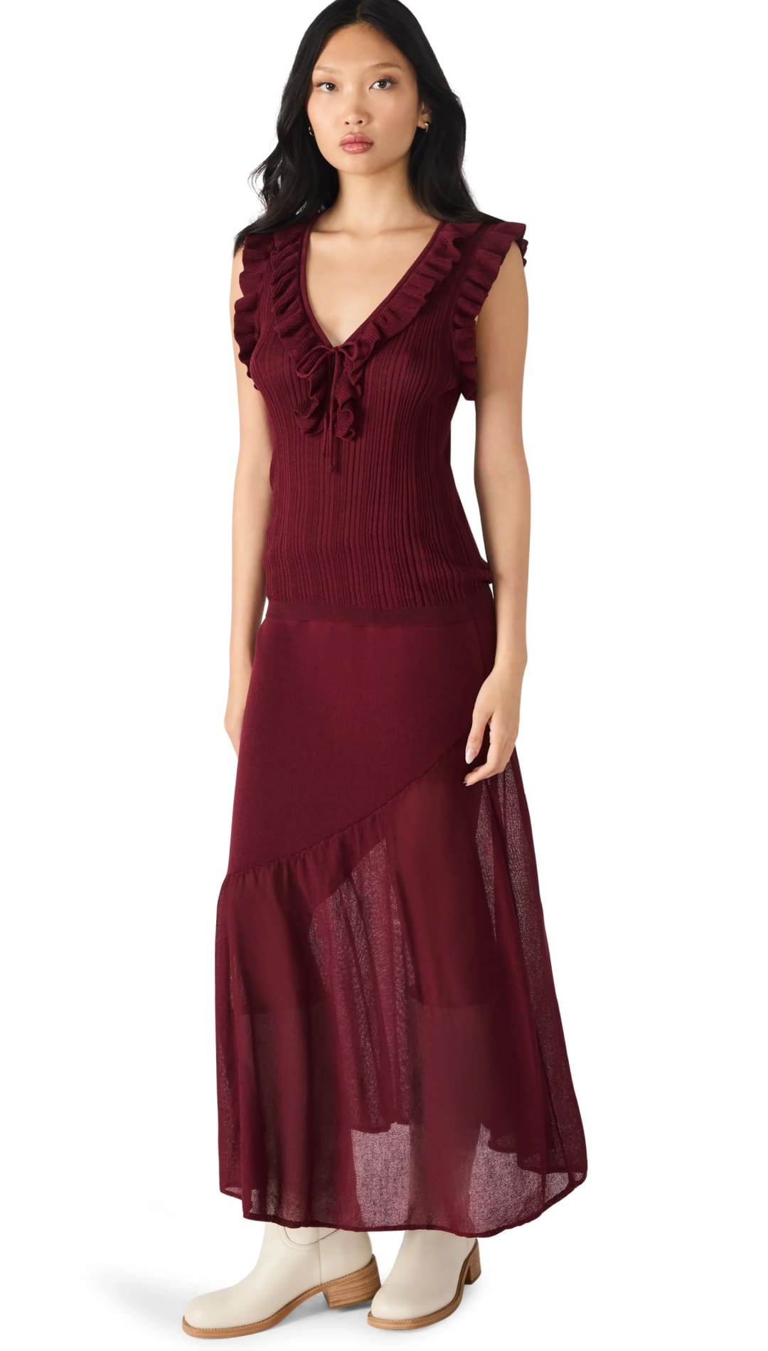 A deep red sleeveless maxi dress with a ruffled V-neckline and a sheer tiered skirt.