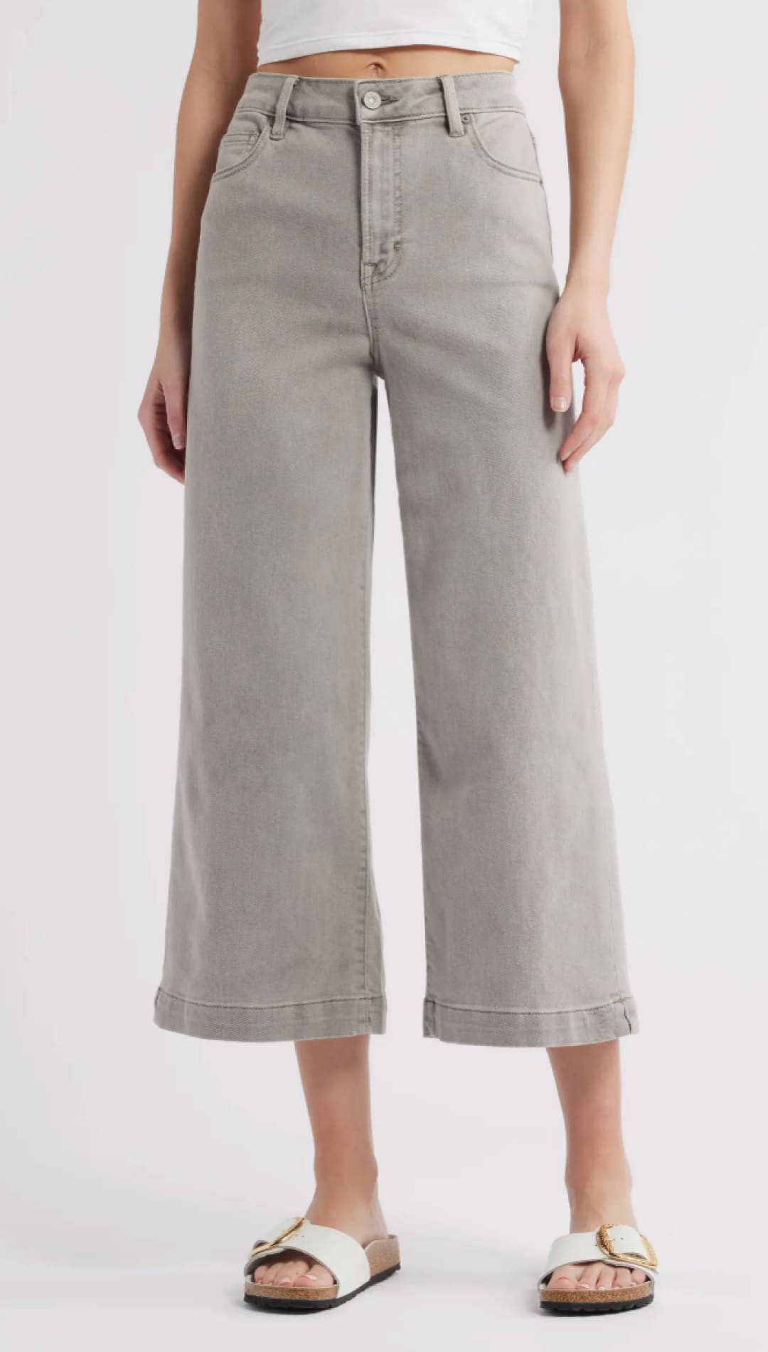 Gray wide-leg cropped pants.