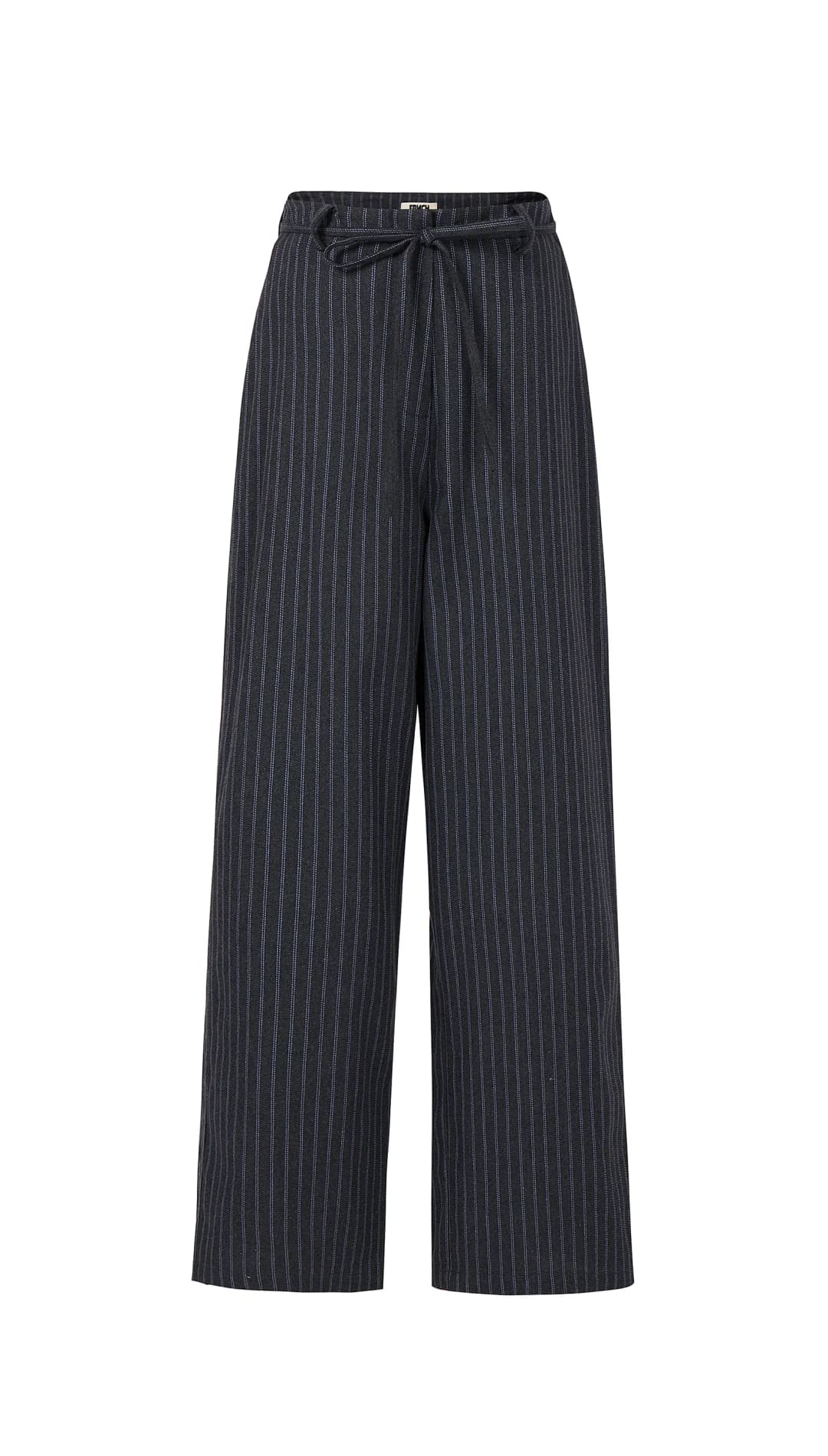 Black pinstriped wide-leg trousers with a drawstring waist.