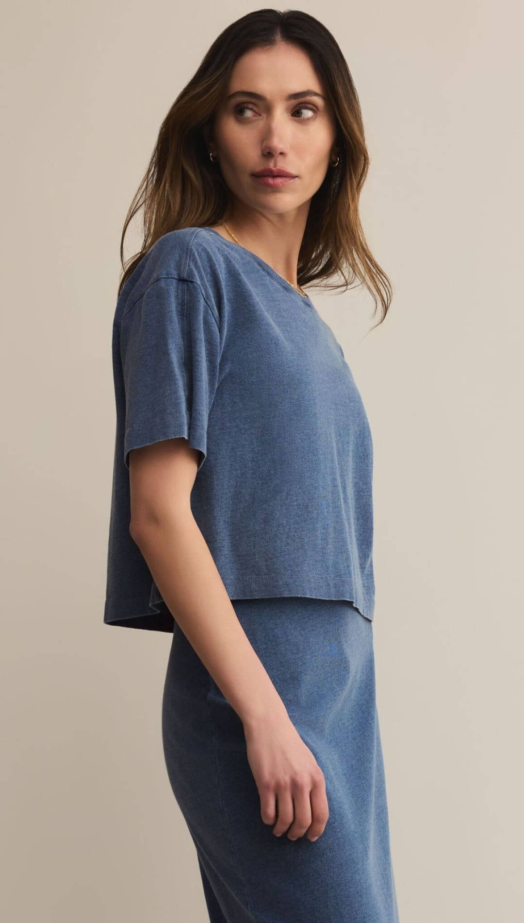 Blue knit top and skirt set.