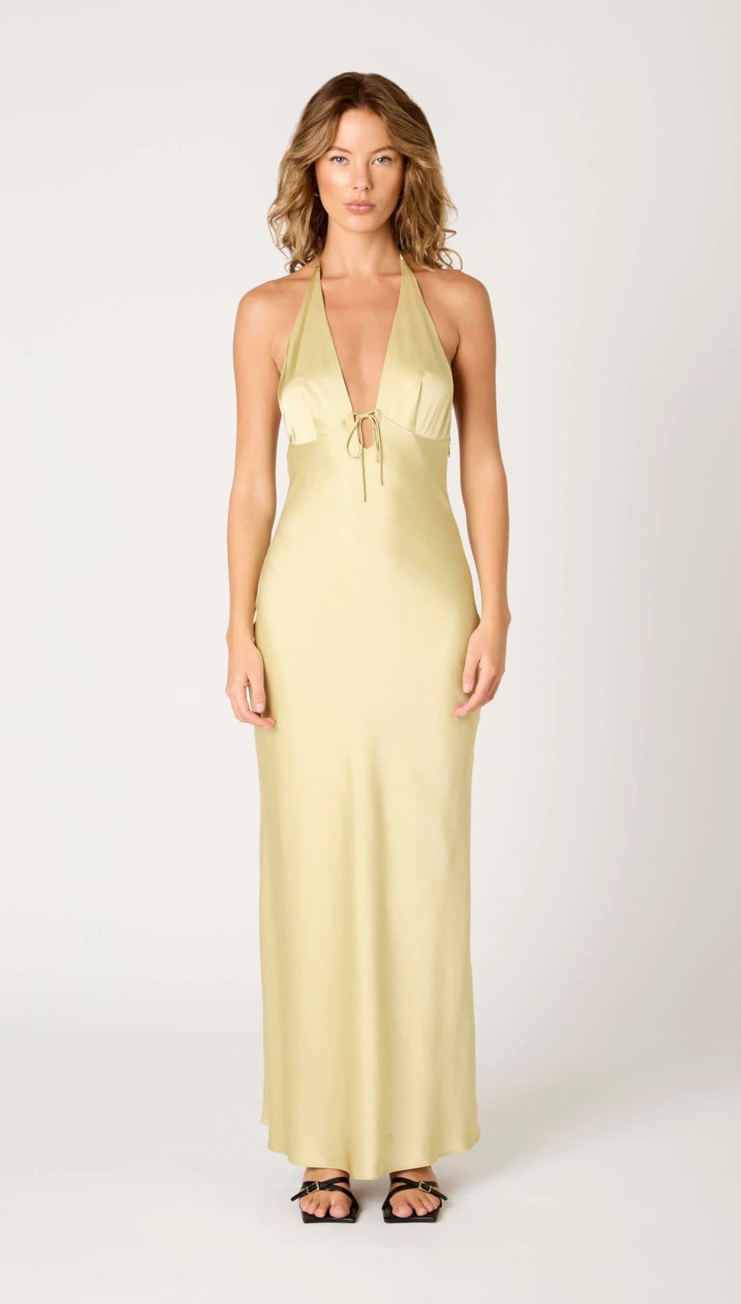 Yellow halter maxi dress.