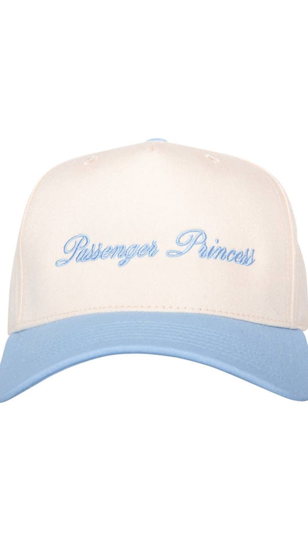 Cream and light blue baseball cap with ’passenger princess’ text in cursive.