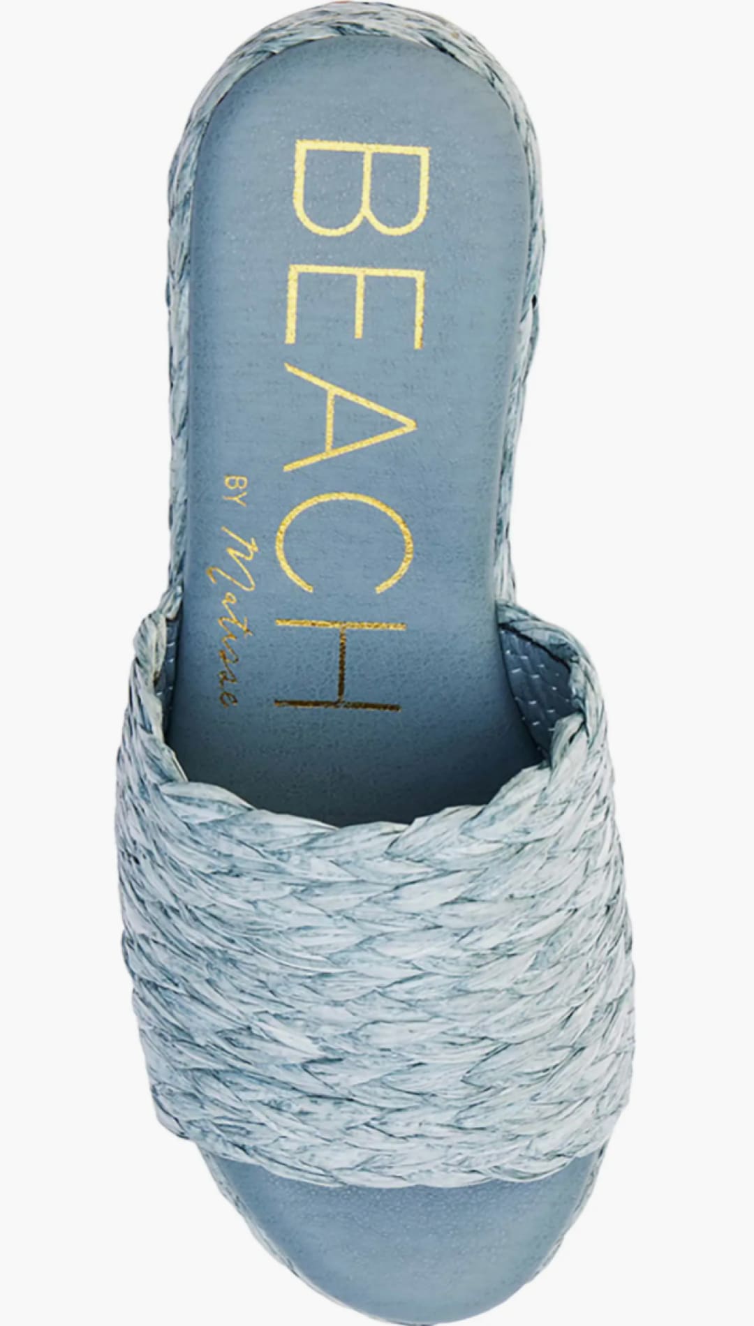 Blue woven slide sandal.