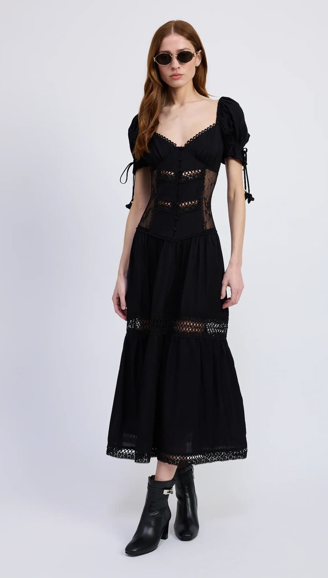 Black cotton midi dress with puff sleeves and lace inserts