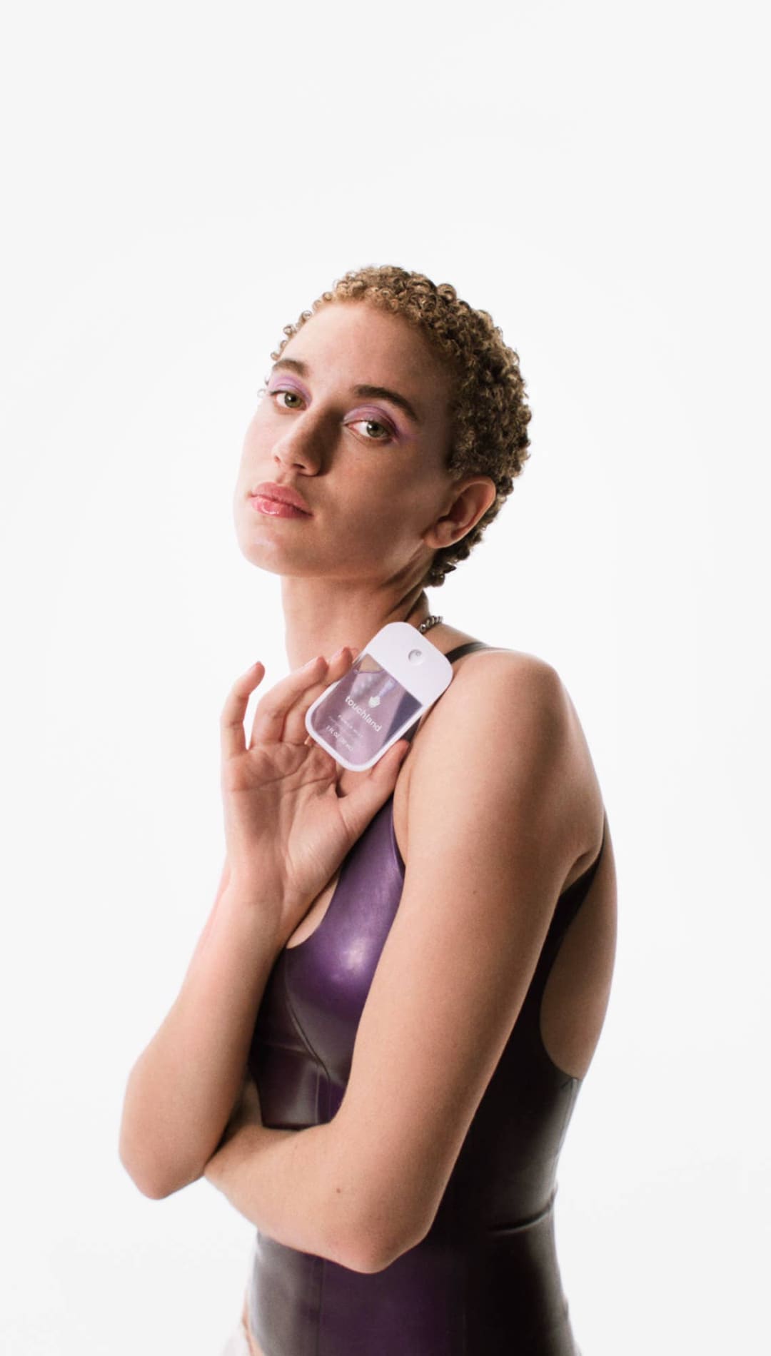 Lavender and white water bottle with clear lid