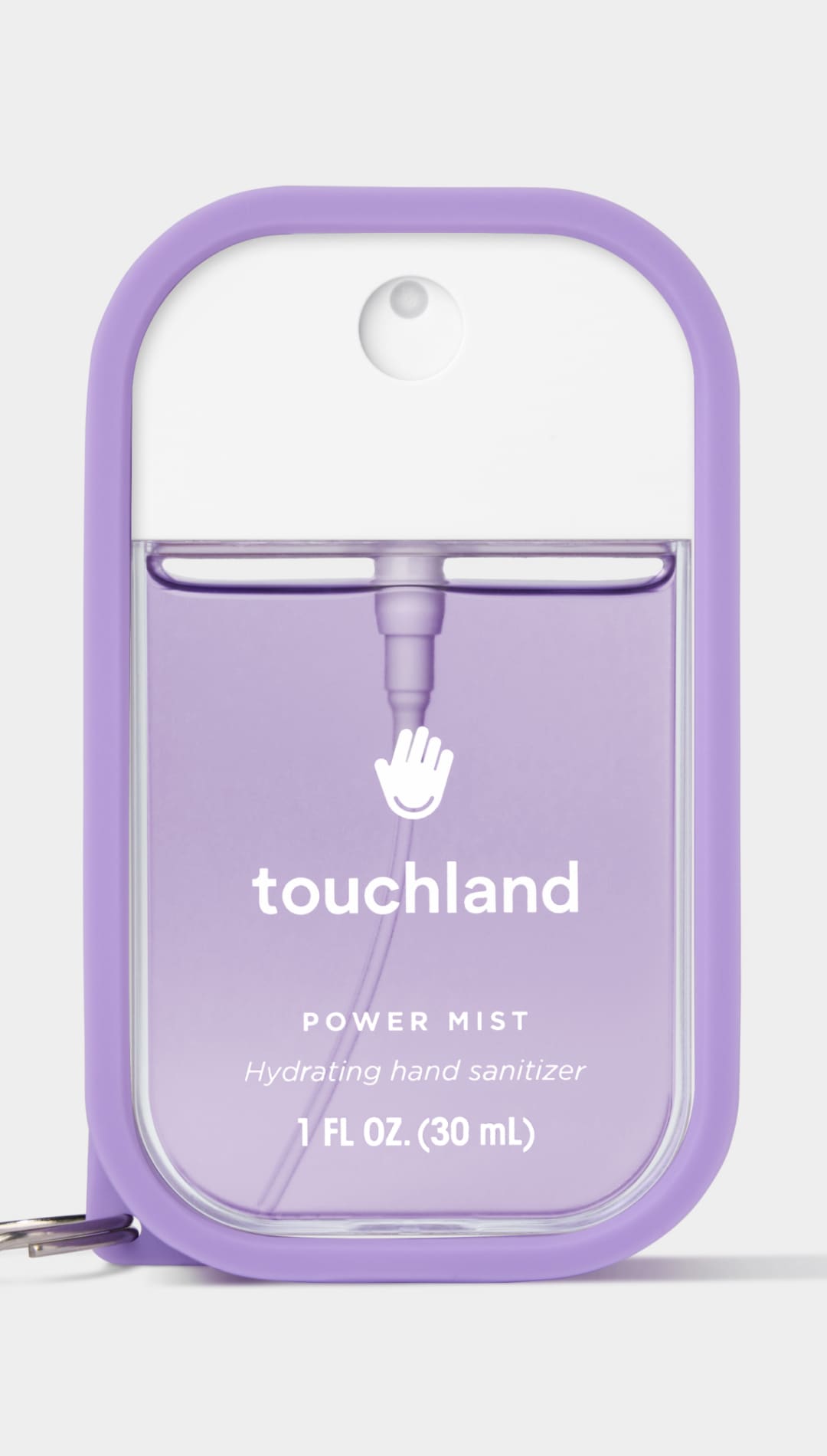 Lavender touchland power mist hydrating hand sanitizer with clear plastic bottle and purple cap.