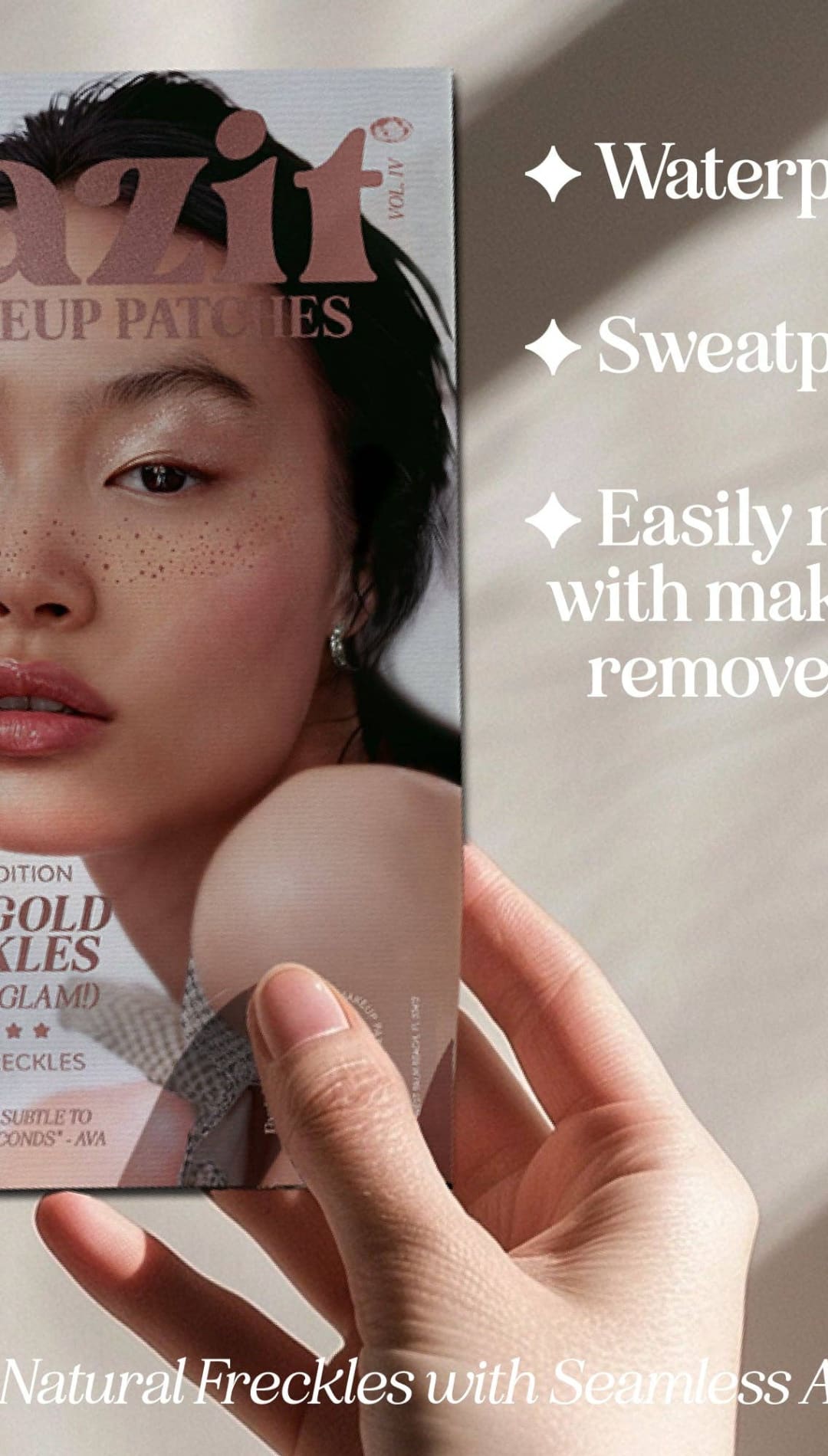 Makeup patches with rose gold freckles.