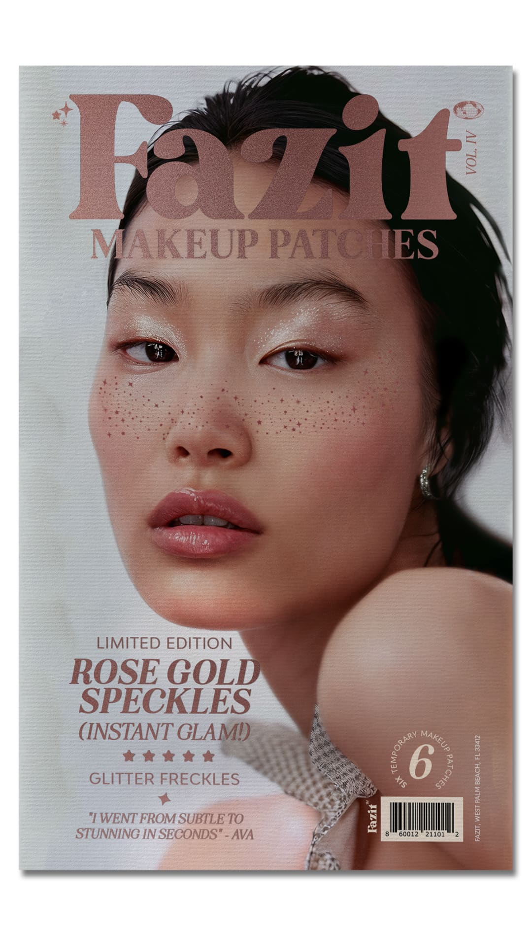 Magazine cover featuring a woman with rose gold freckles.