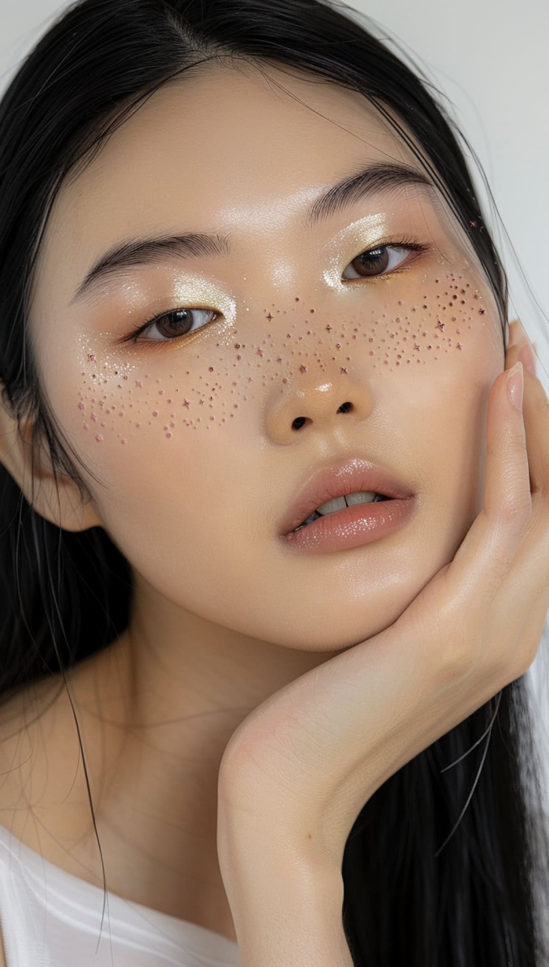 Woman with glossy makeup and faux freckles.