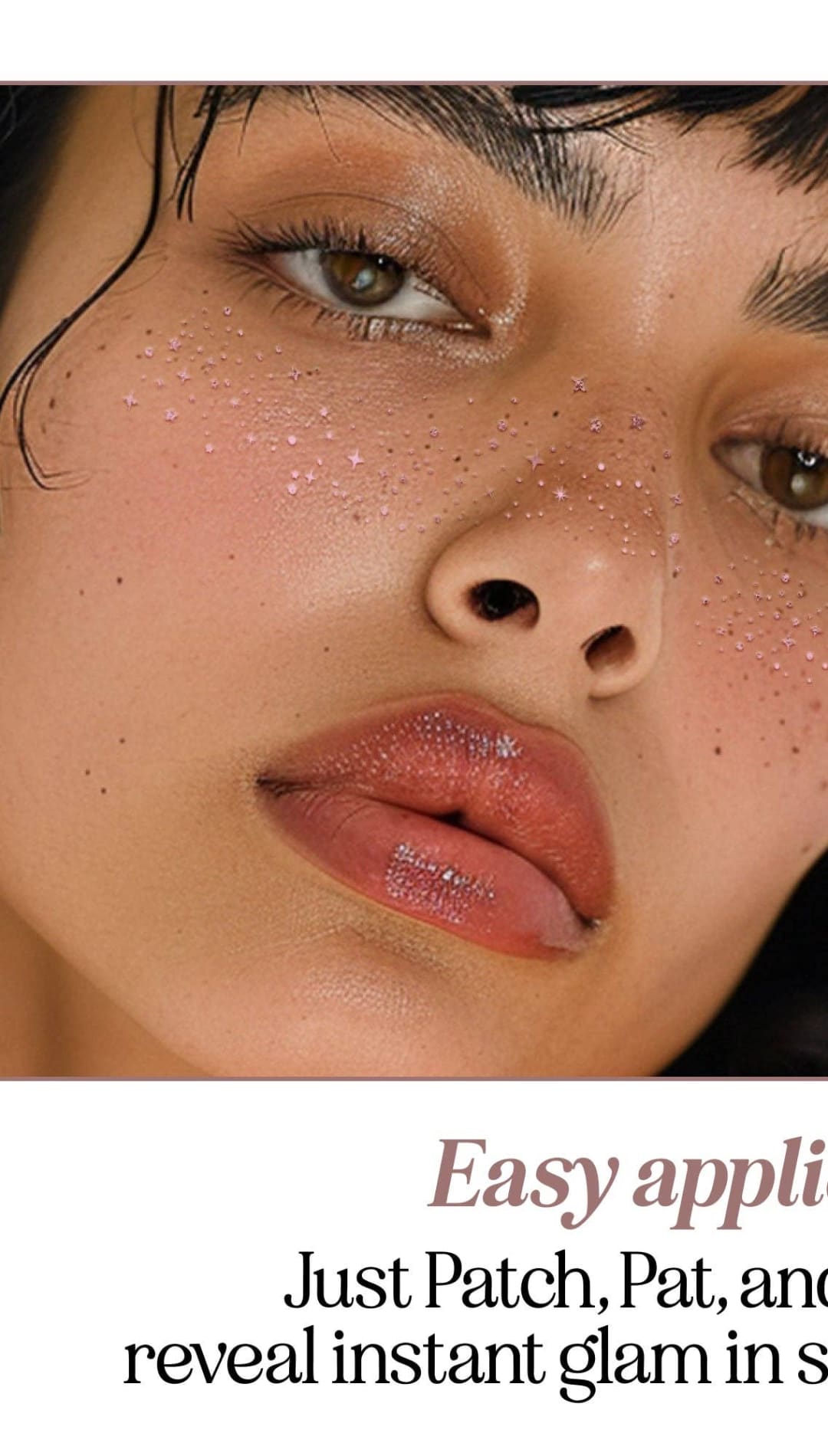 Woman’s face with glittery makeup.