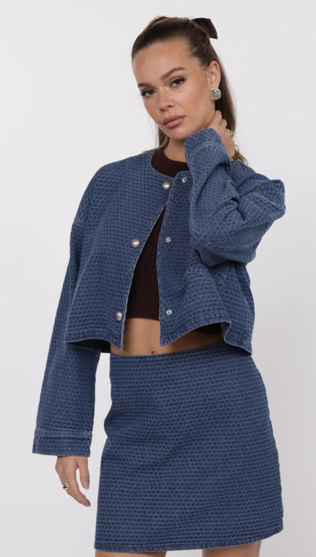 Denim jacket and skirt set.