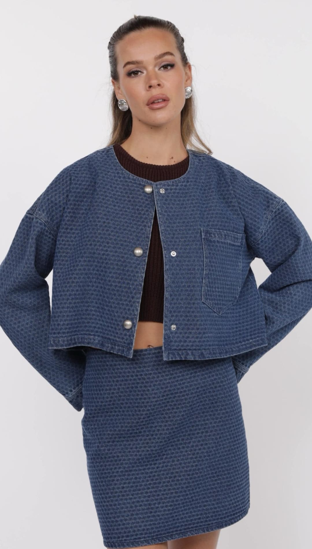 Denim jacket and skirt set.