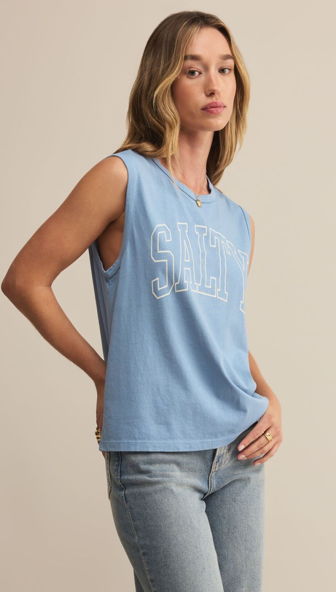 Blue tank top with white lettering.