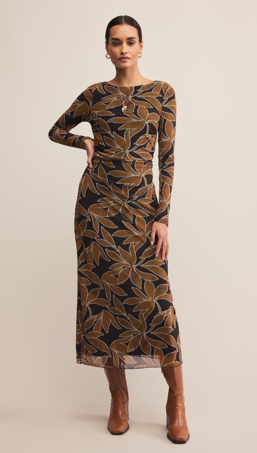 Brown and black floral print dress with long sleeves, made of a sheer fabric.