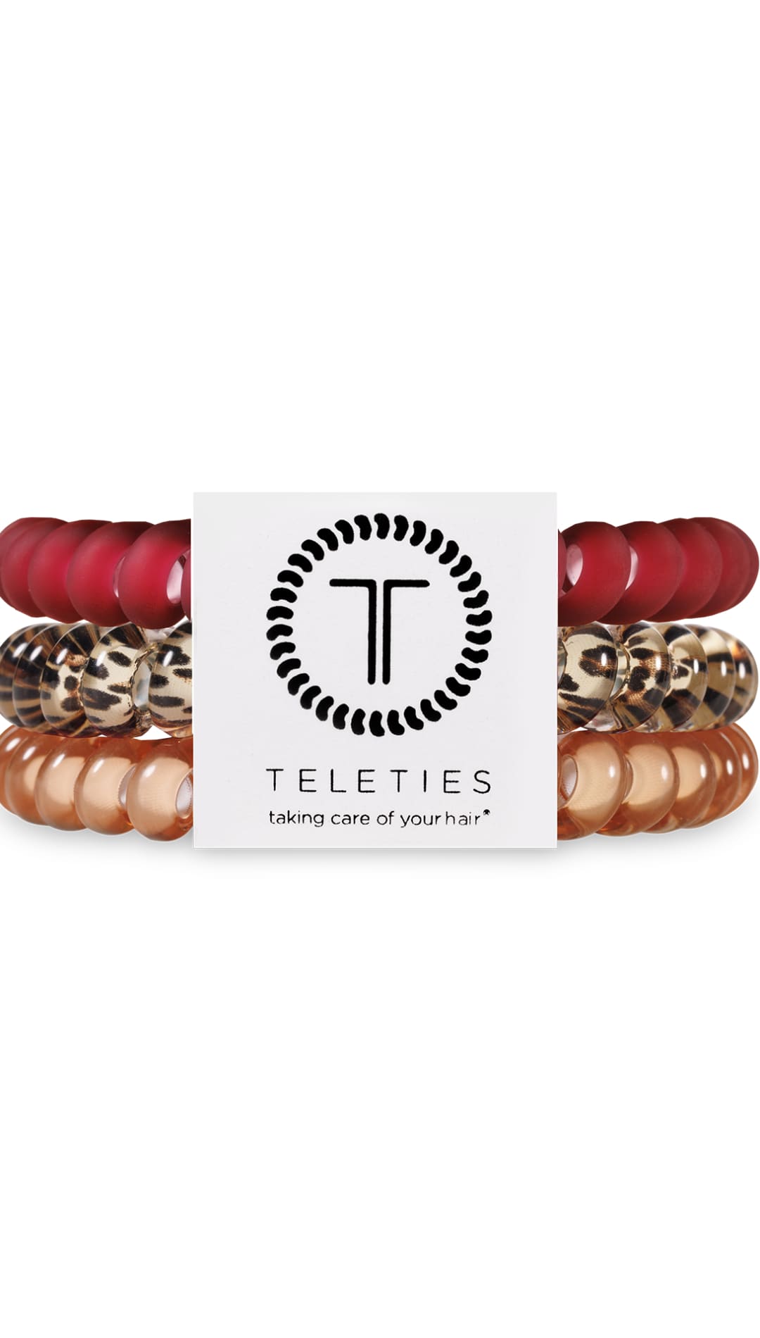 Red and gold beaded hair ties with a circular logo featuring the brand name ’teleties’ in black.