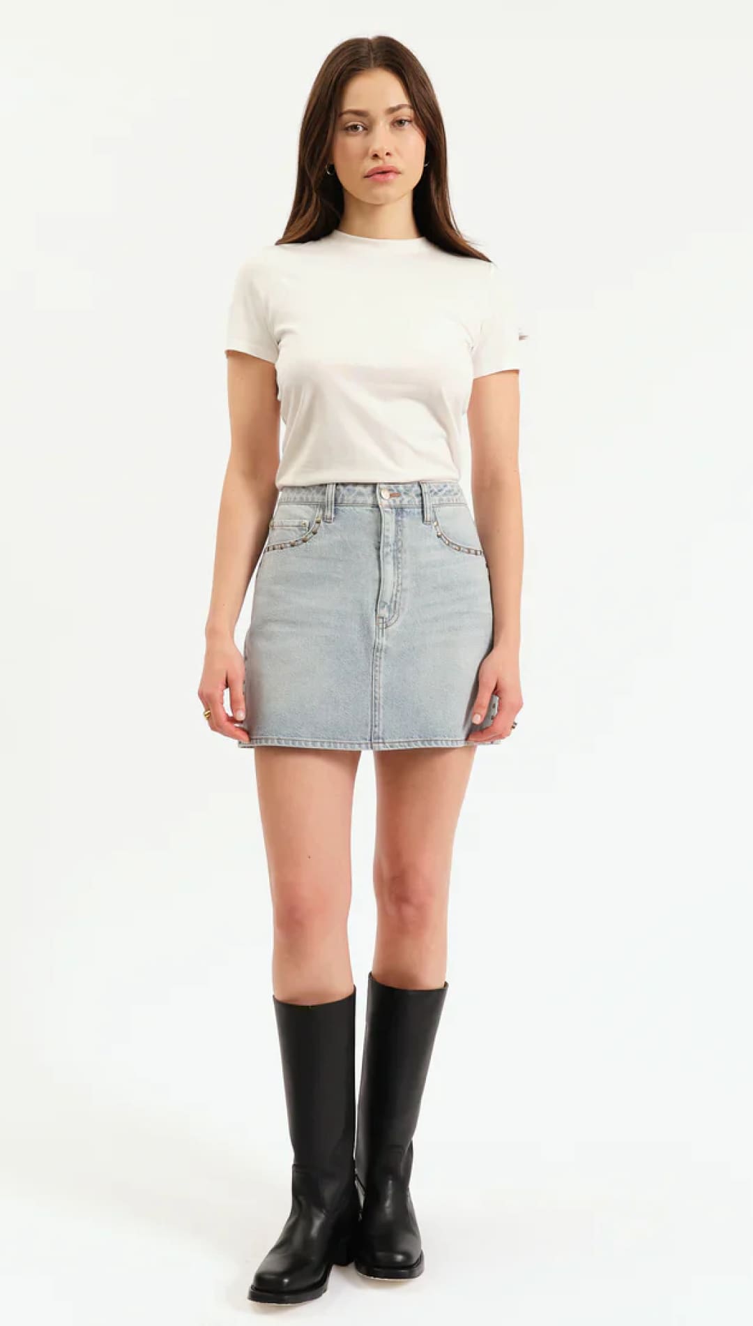 A light-wash denim mini skirt with a straight fit.
