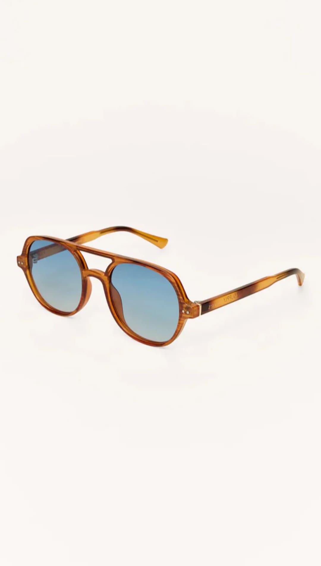 Tortoiseshell acetate sunglasses with blue lenses and gold hardware.