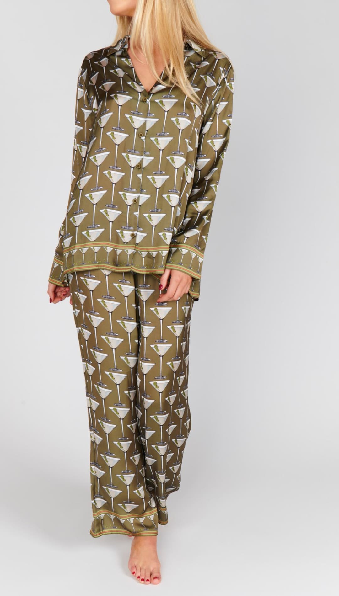 Woman’s olive green pajama set with martini glass print