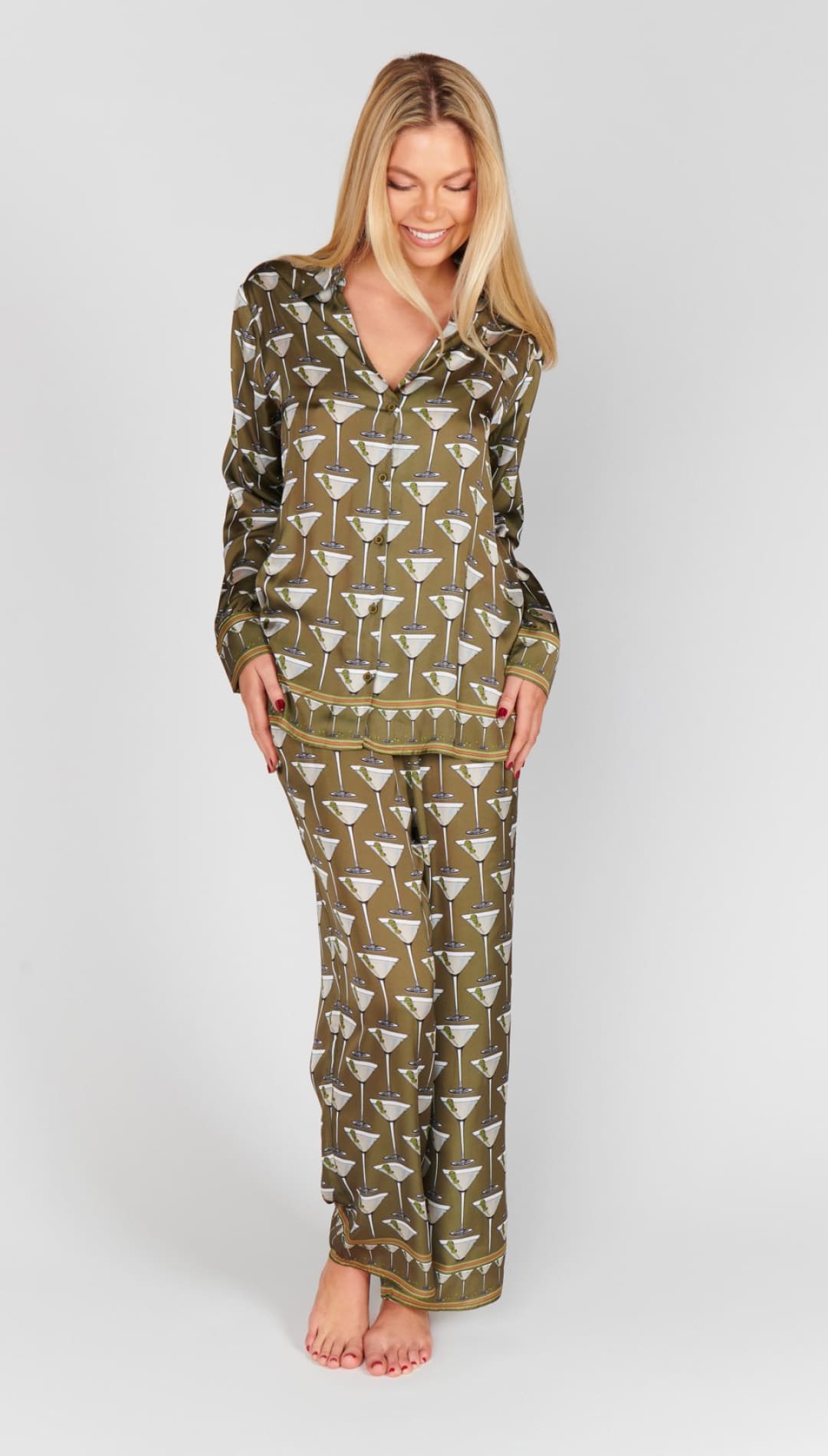 Women’s olive green pajama set with a martini glass print.