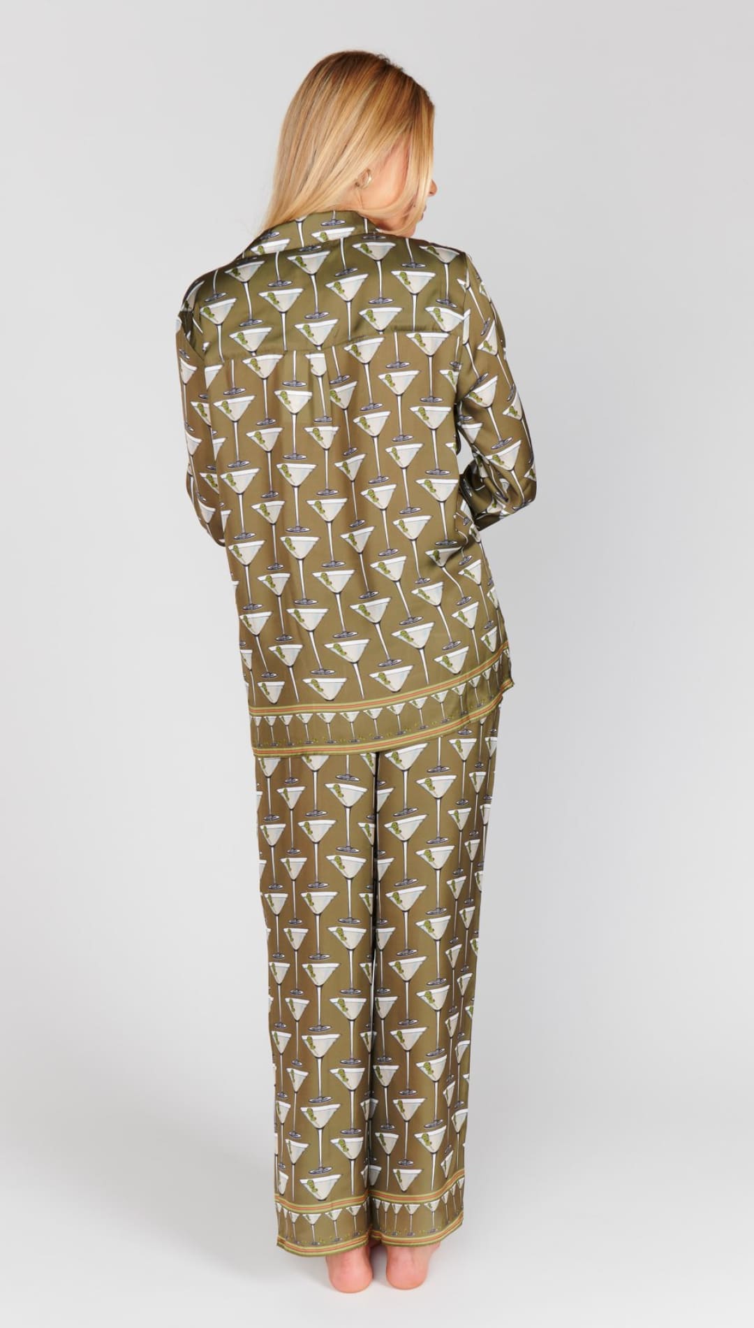 Women’s olive green pajama set with a martini glass print.
