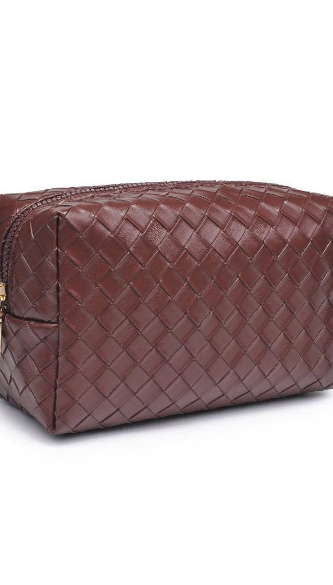 Bottega veneta burgundy woven leather cosmetic bag with gold zipper.