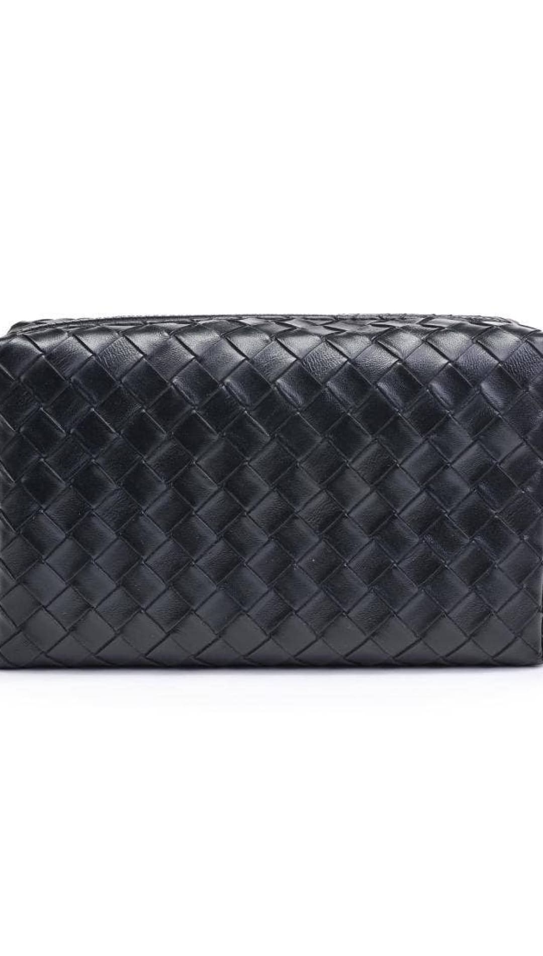 Black woven leather clutch bag with zipper closure, bottega veneta