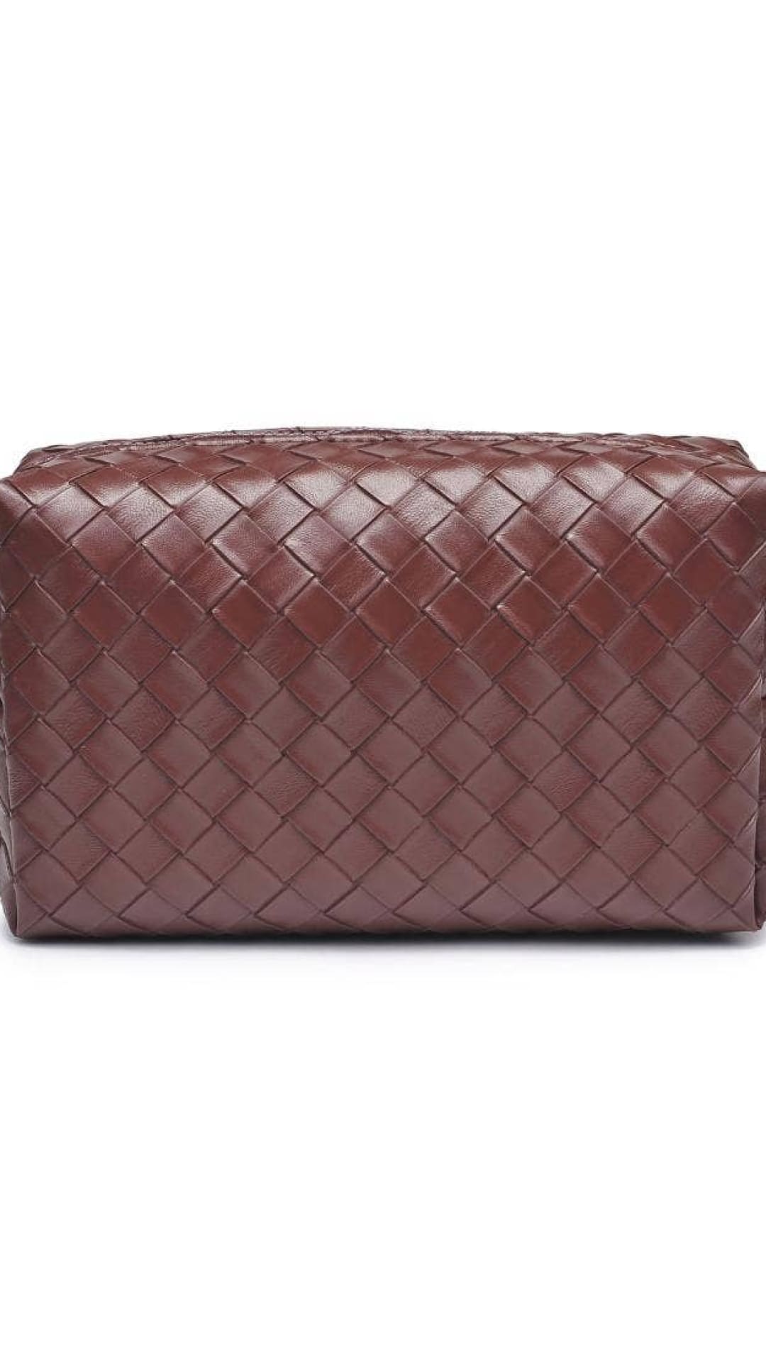 Bottega veneta burgundy woven leather cosmetic bag with gold zipper.