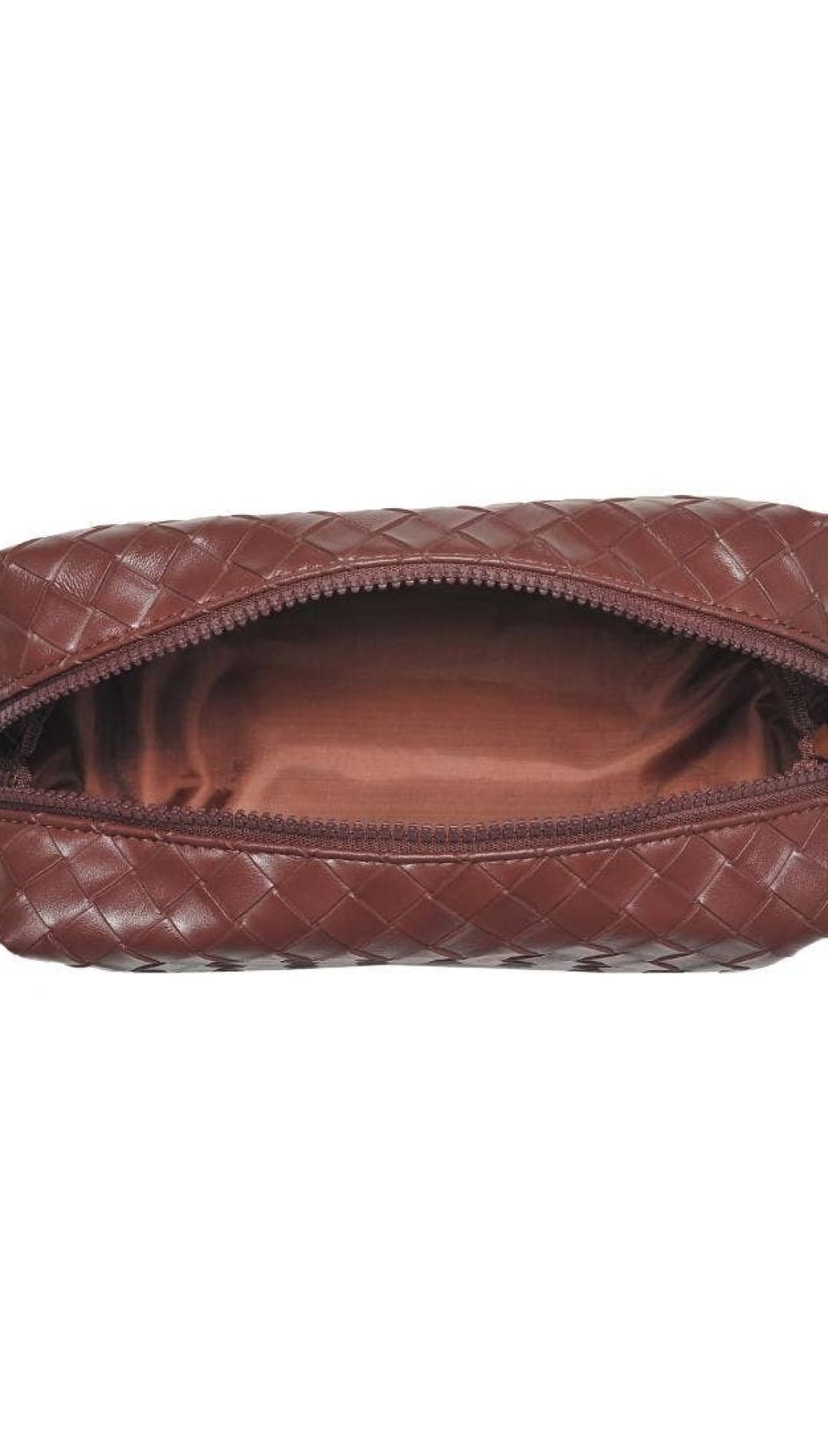 Brown quilted leather pouch with zipper closure, possibly bottega veneta.