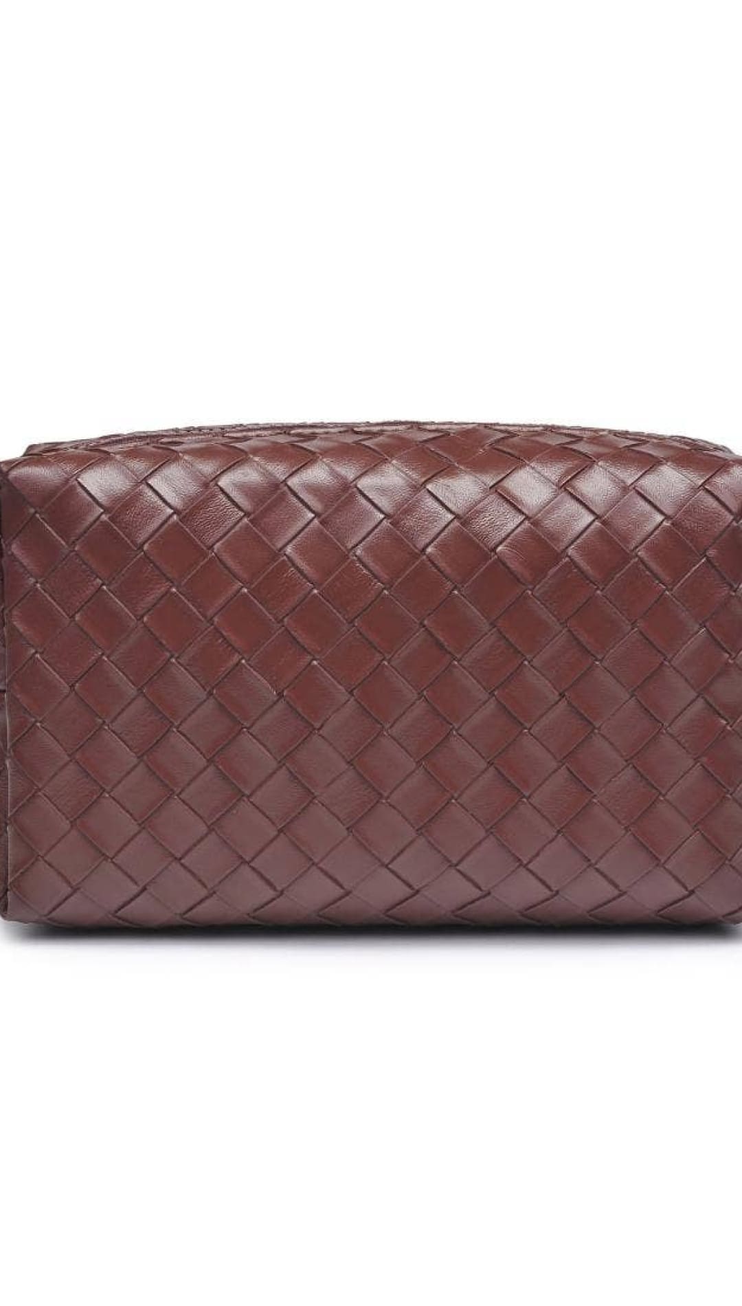 Brown woven leather cosmetic bag with zipper closure, bottega veneta brand.