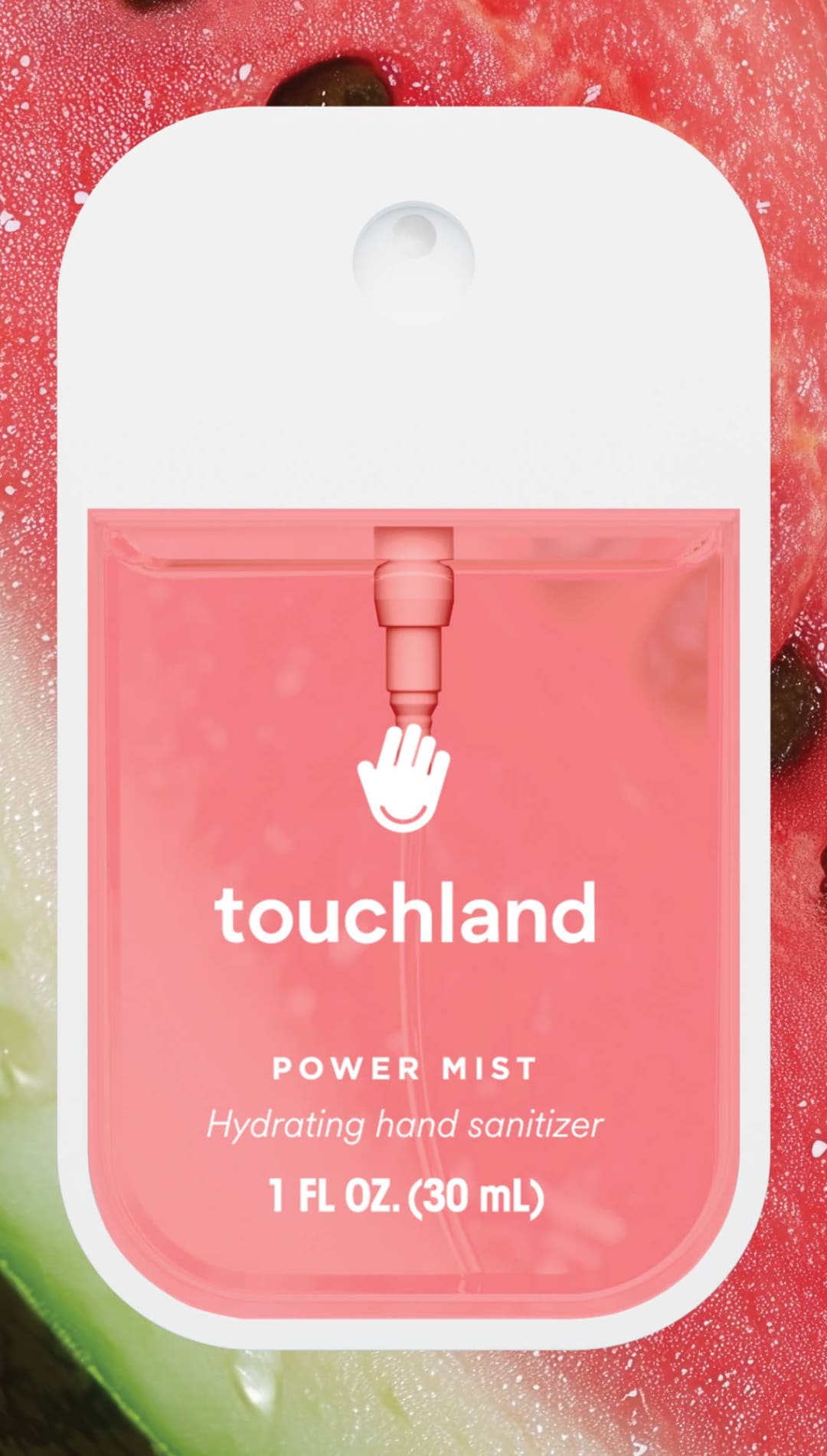 Pink hydrating hand sanitizer with a white pump and label, designed by touchland.