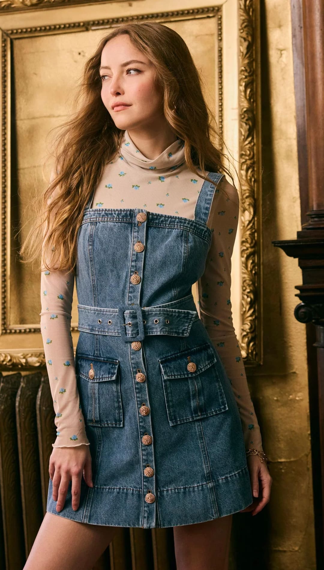 A light blue denim mini dress with a belted waist and front buttons, worn over a sheer long-sleeved turtleneck shirt.