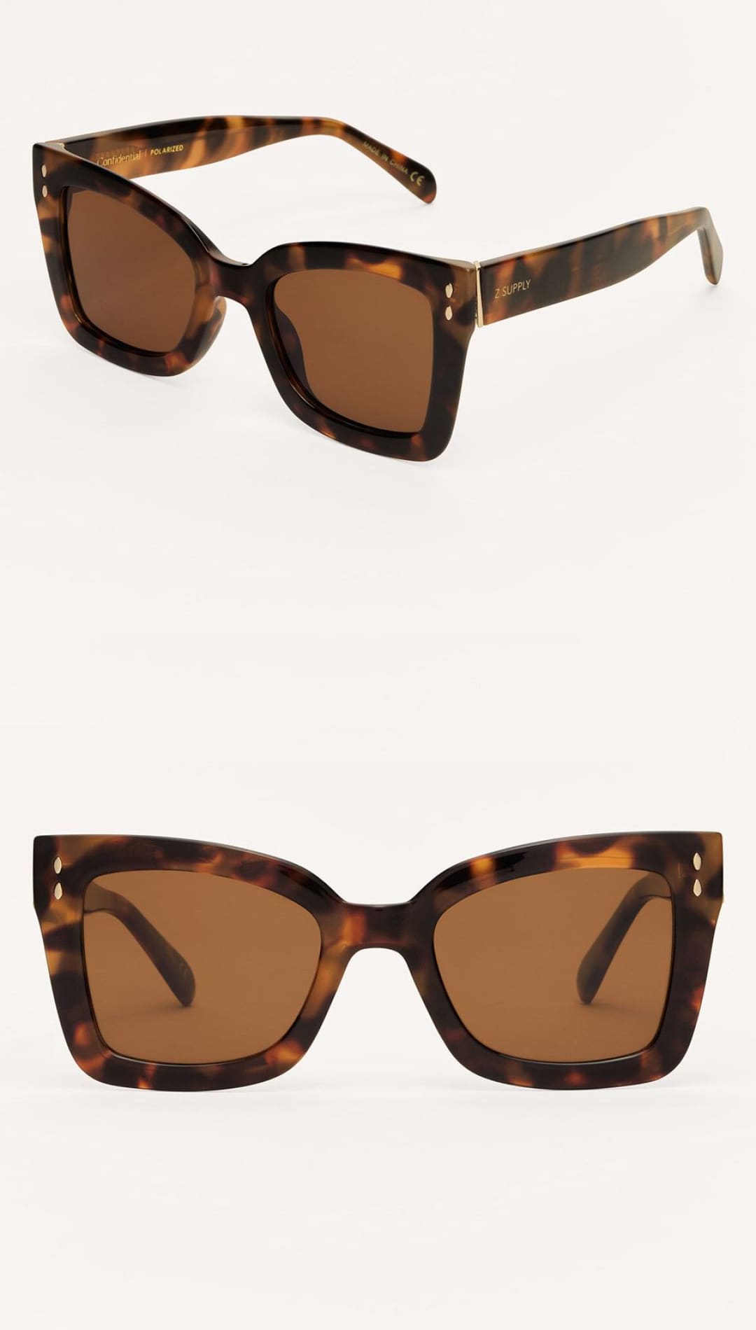 Tortoiseshell square-frame sunglasses with brown lenses.