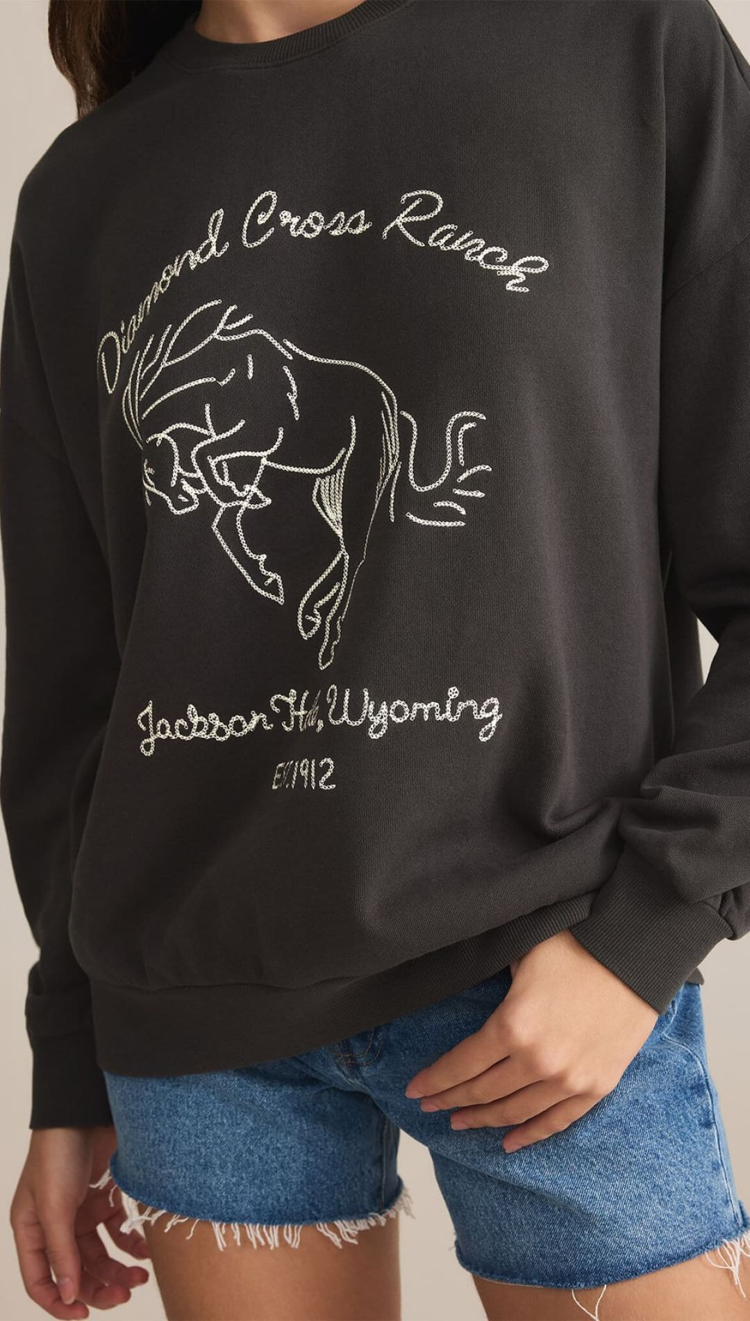 Dark gray crewneck sweatshirt with a white outlined bucking horse graphic and ’Diamond Cross Ranch Jackson Hole, Wyoming EST. 1912’’ text.