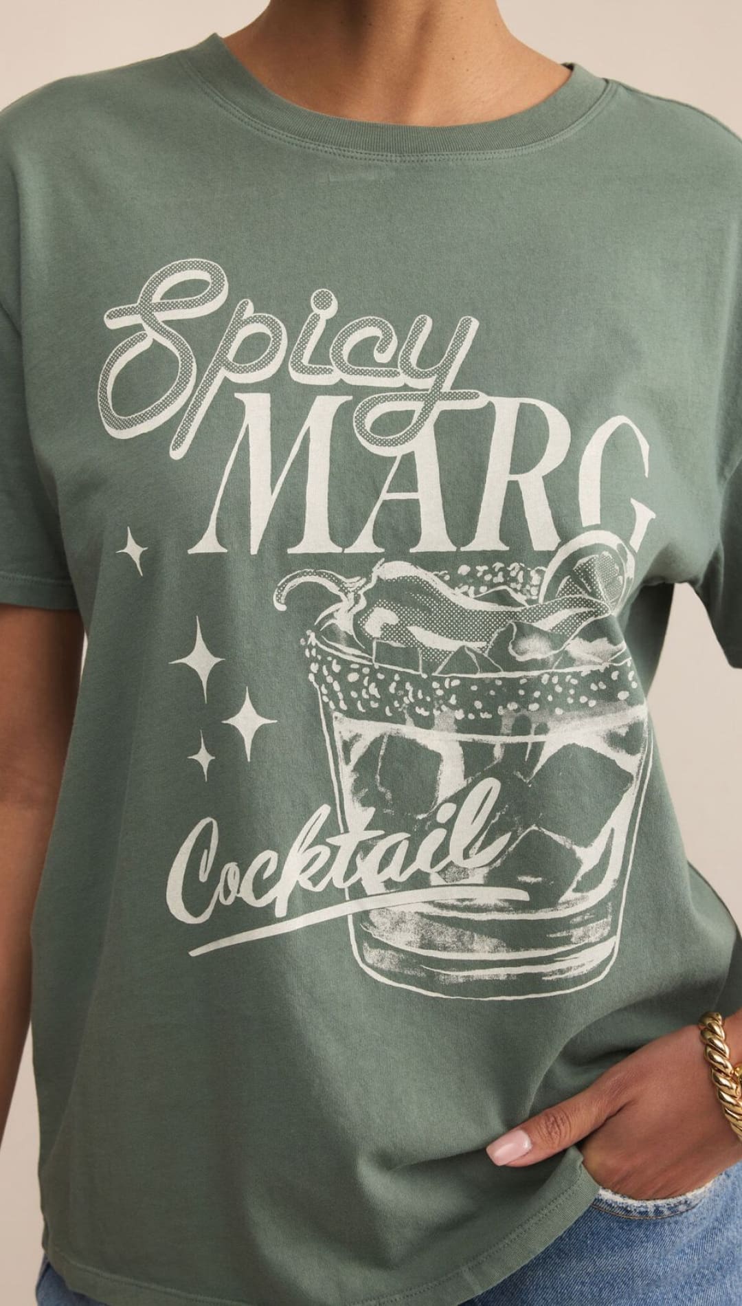 Green short-sleeve t-shirt with a ’Spicy MARG Cocktail’ graphic.