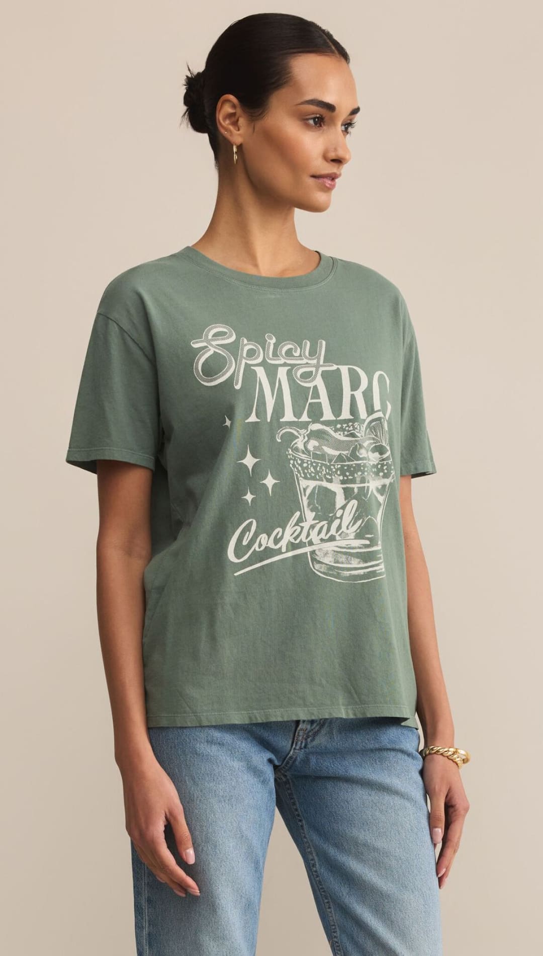 Women’s olive green graphic short-sleeve t-shirt.