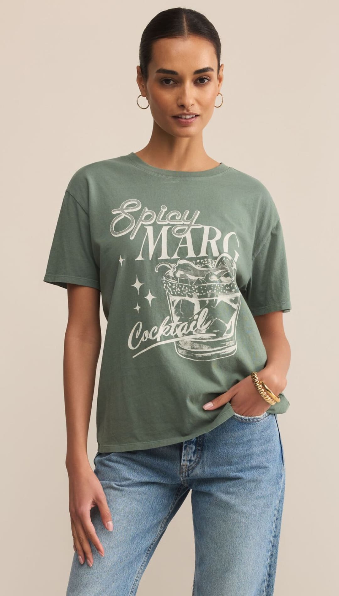 Women’s short-sleeve graphic t-shirt in a muted olive green.